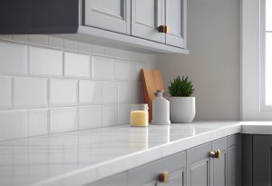 Close up details of contemporary white apartment kitchen with subway tiles, AI Generated