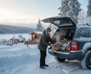 kvinna packar in hantverk i bil för att köra till vintermarknad kvinna packar in hantverk i bil för att köra till vintermarknad